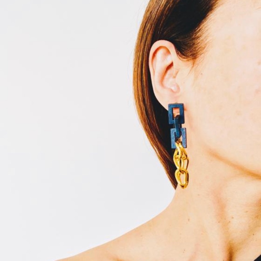 Blue Wood Chain Earrings